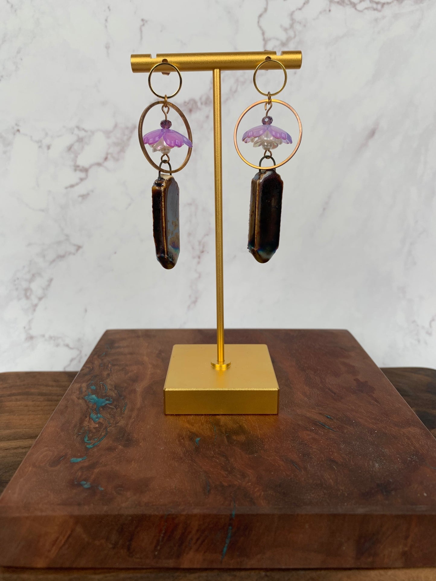 Cosmic purple water lily dangle earrings