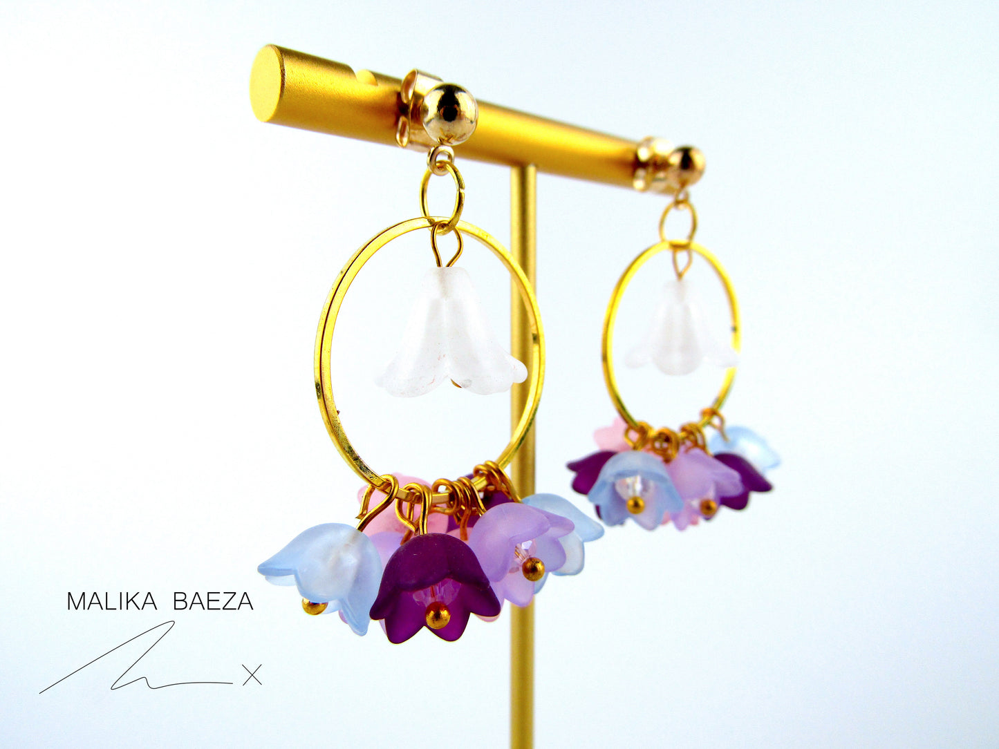 Medium White Bell Flower and Multi-color Lily of the Valley Earrings