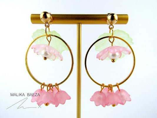 Large Pink Sakura and Lily of the Valley Earrings