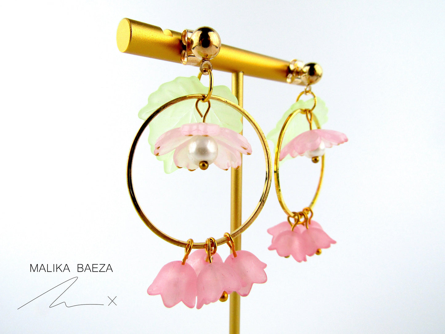 Large Pink Sakura and Lily of the Valley Earrings