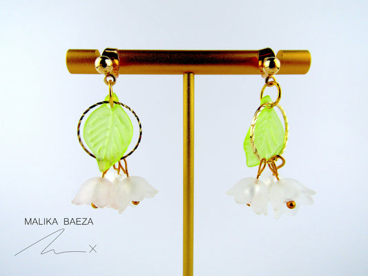 Small White Lily of the Valley with Small leaf Earrings