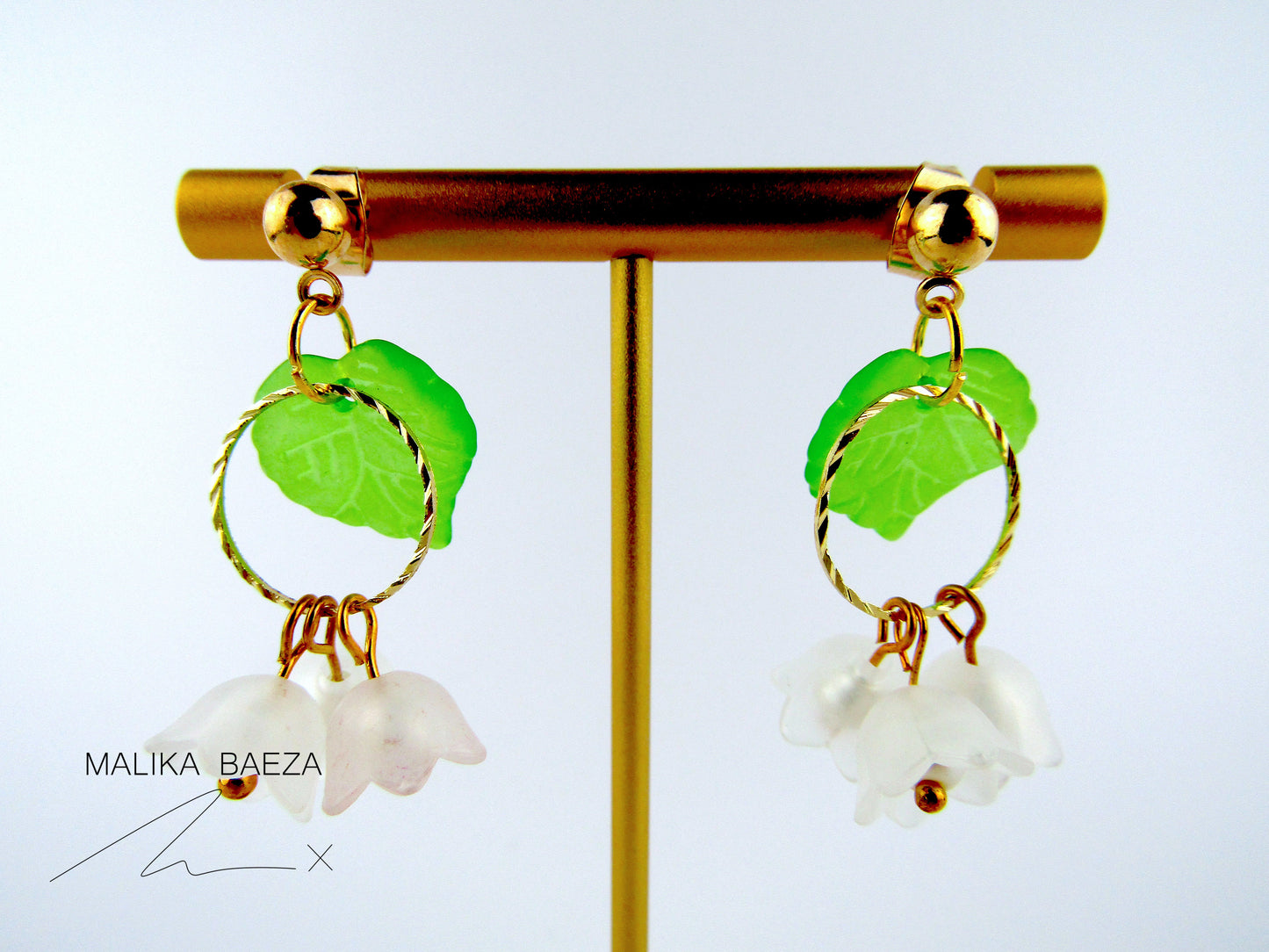 Small White Lily of the Valley with Large Leaf Earrings