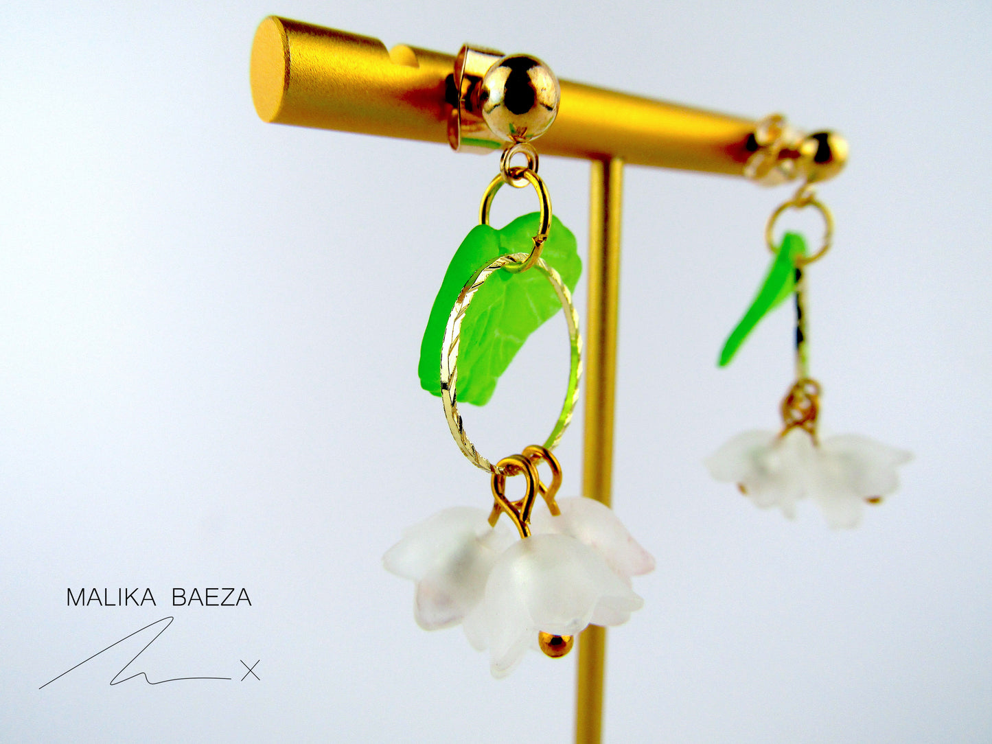 Small White Lily of the Valley with Large Leaf Earrings