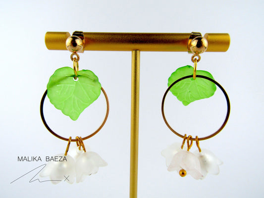 Medium White Lily of the Valley with Opaque Leaf Earrings