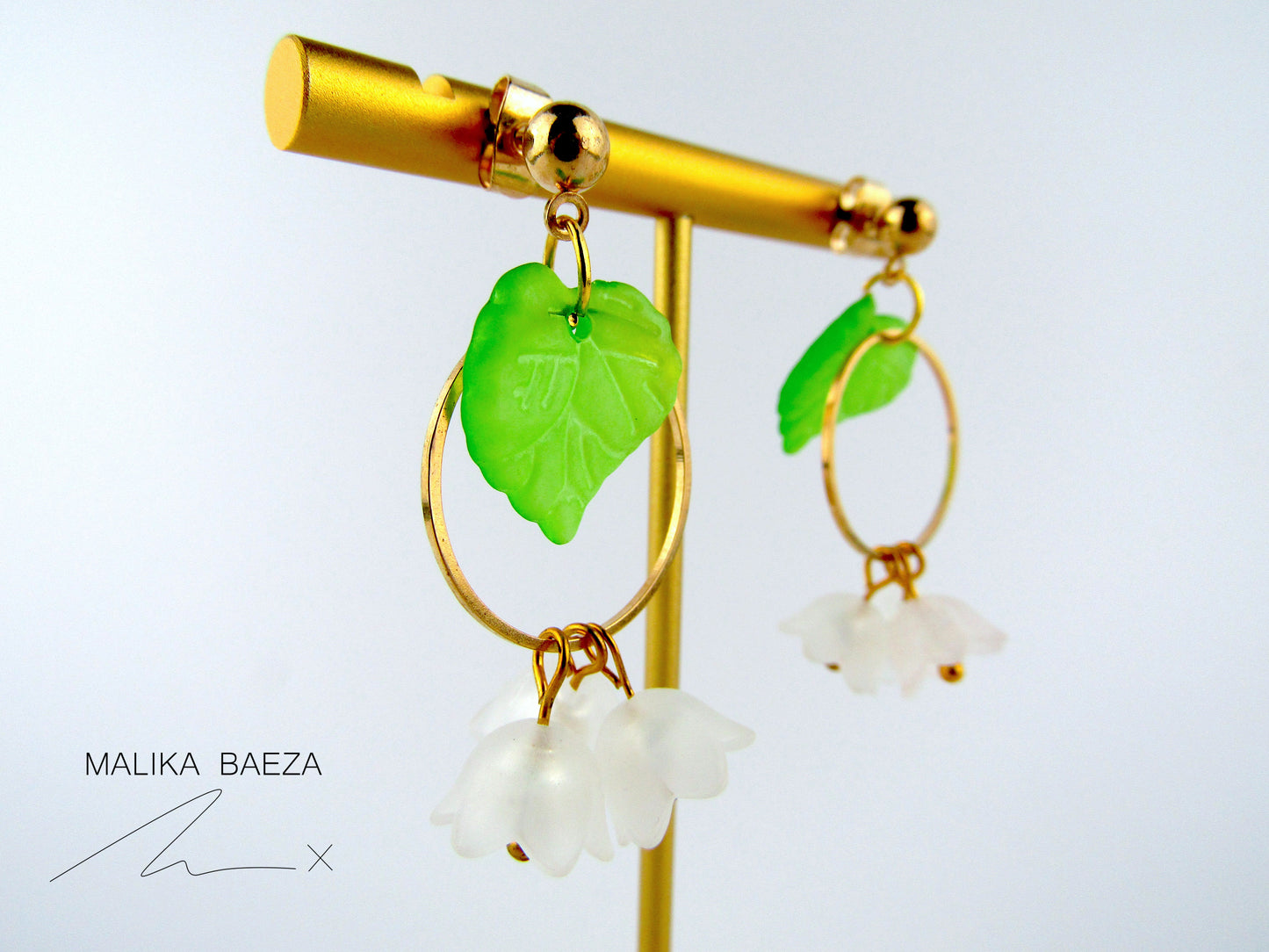 Medium White Lily of the Valley with Opaque Leaf Earrings