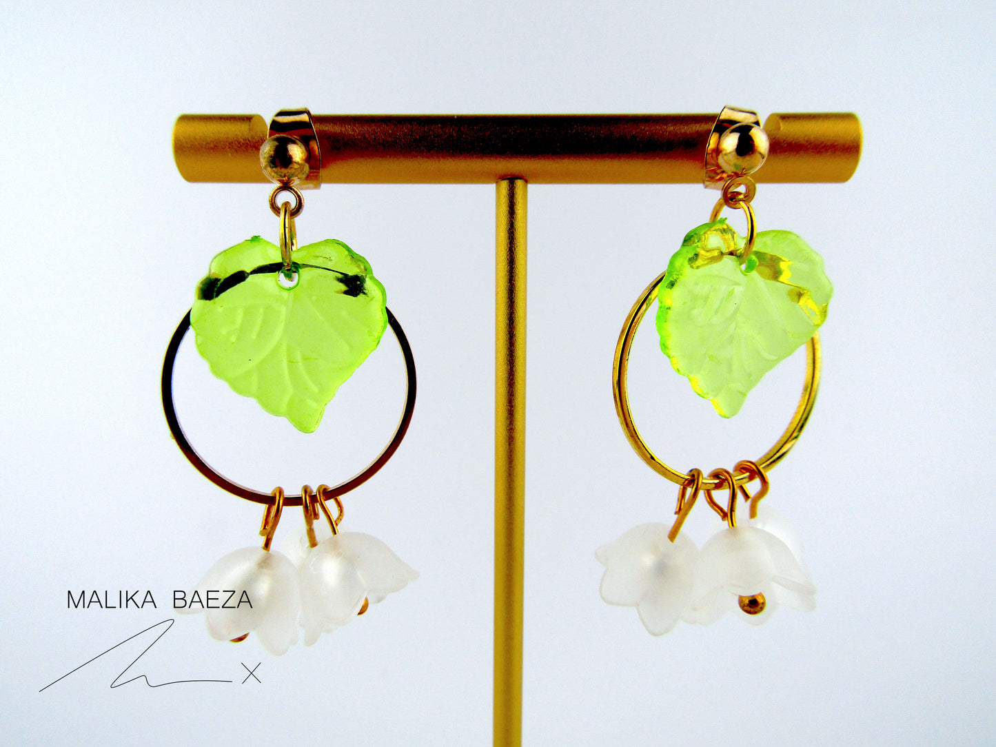 Medium White Lily of the Valley with Transparent leaf Earrings