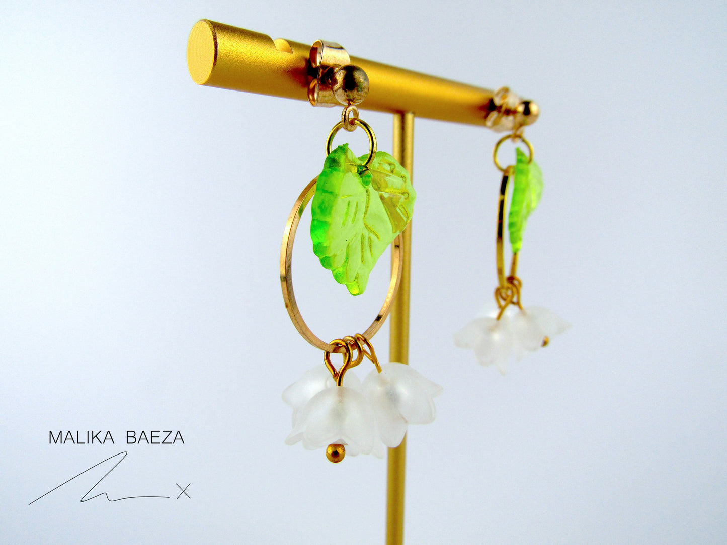 Medium White Lily of the Valley with Transparent leaf Earrings