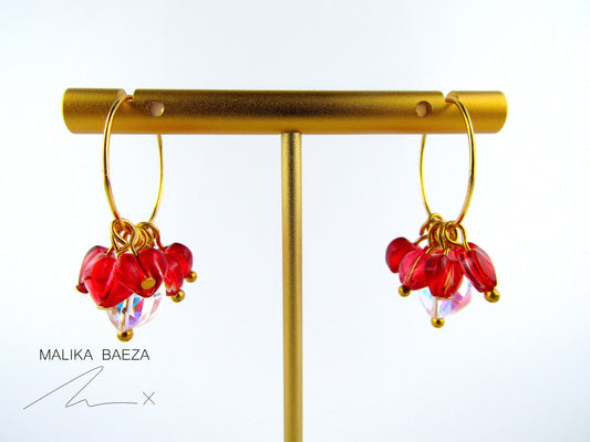 Red and Iridescent Heart Hoop Earrings