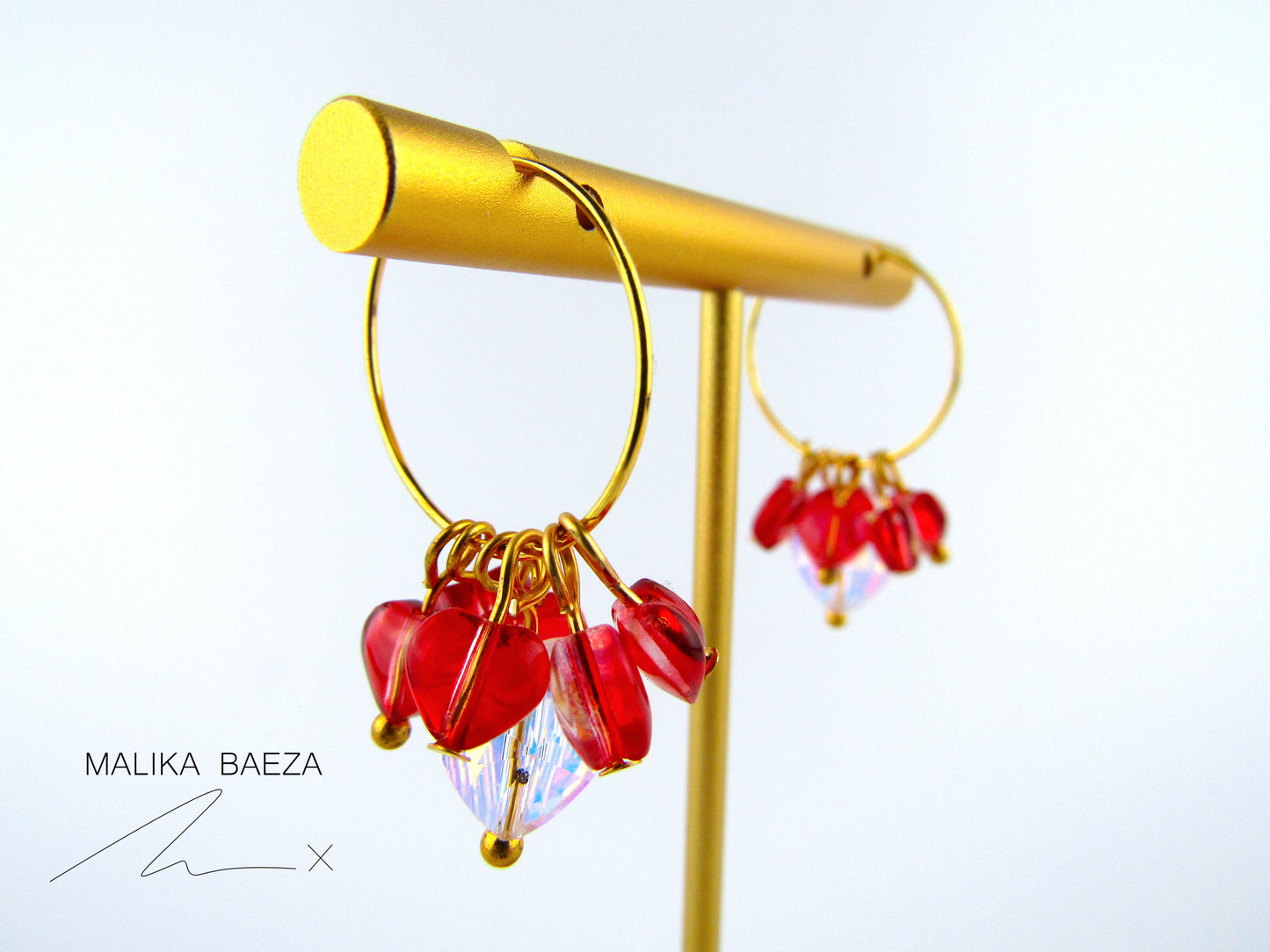 Red and Iridescent Heart Hoop Earrings