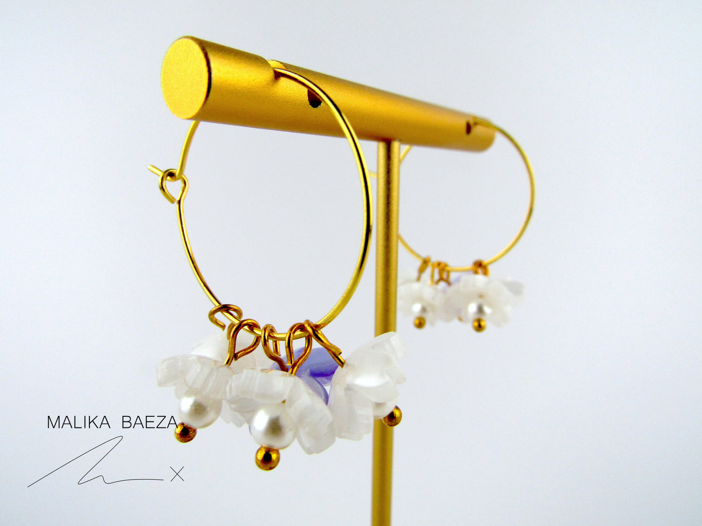 Small White and Purple Sakura Hoop Earrings