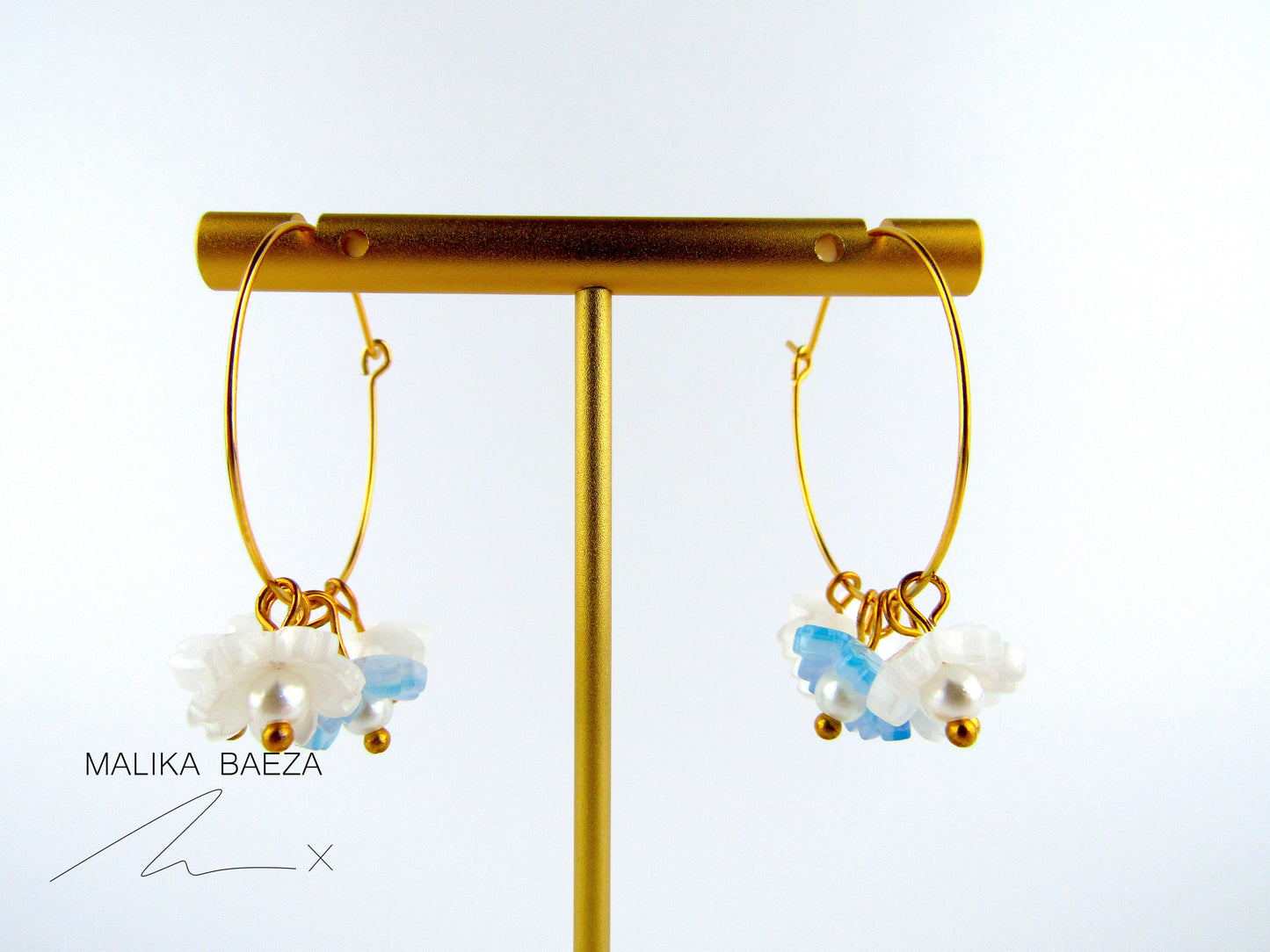 Medium White and Blue Sakura Hoop Earrings