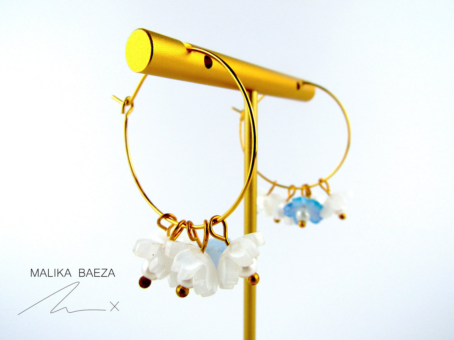 Medium White and Blue Sakura Hoop Earrings