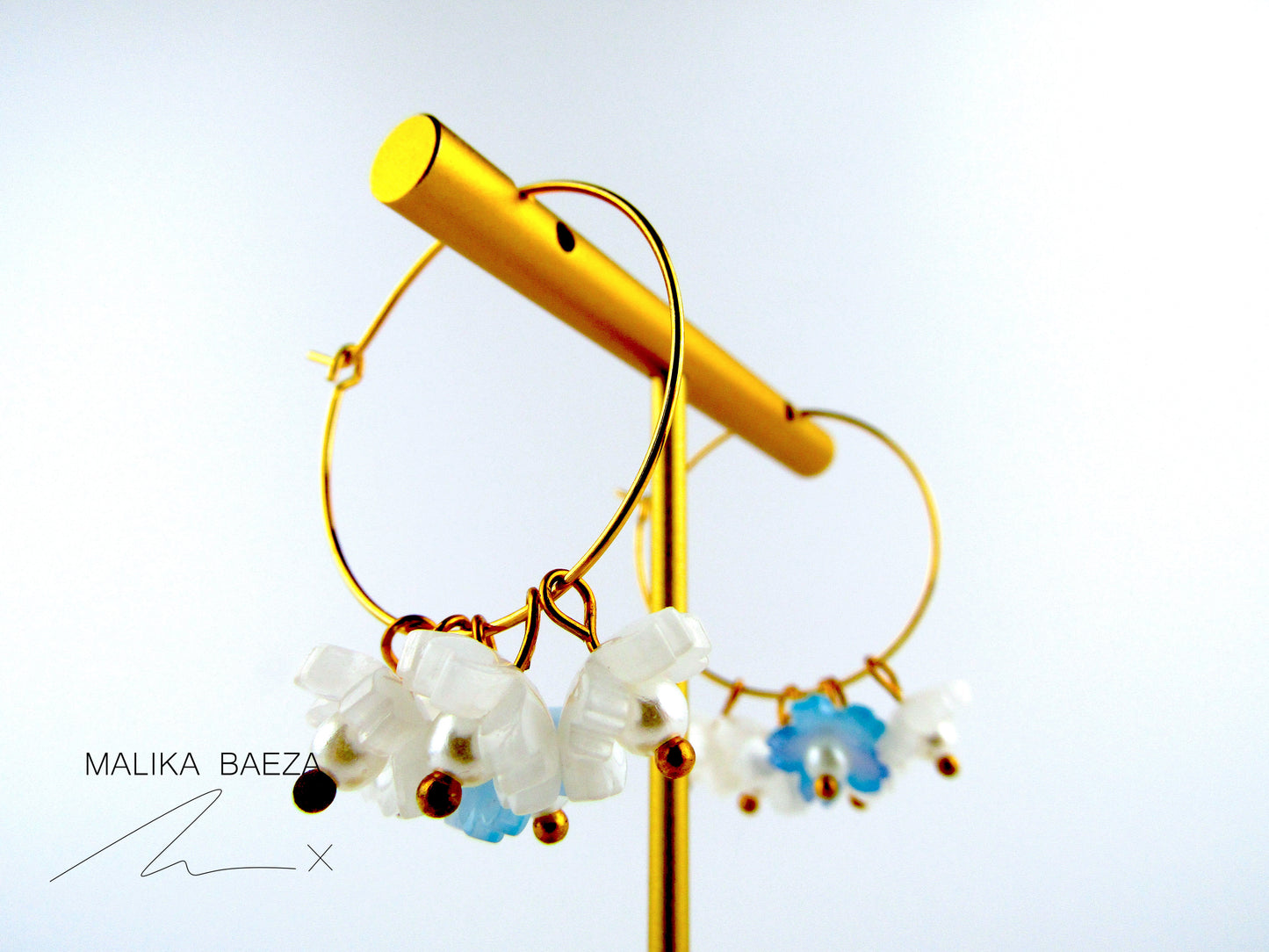 Medium White and Blue Sakura Hoop Earrings