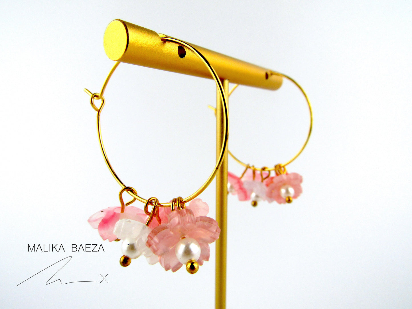 Small Pink and White Sakura Hoop Earrings