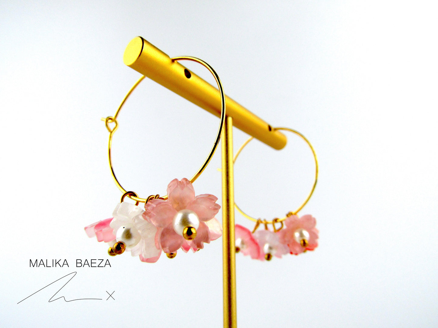 Small Pink and White Sakura Hoop Earrings