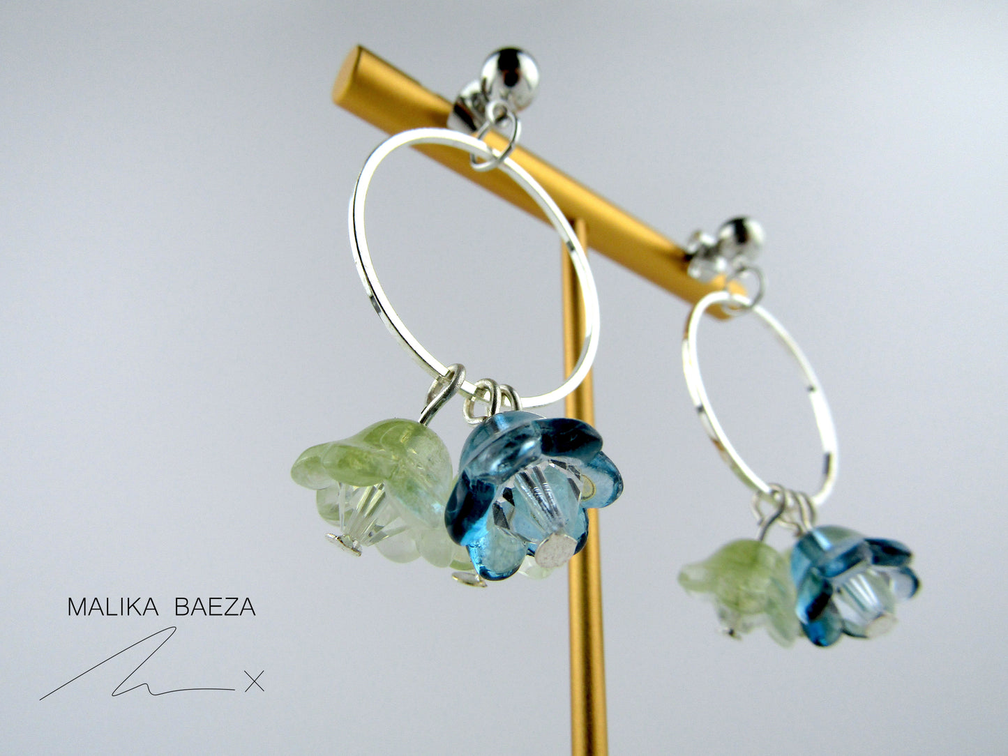 Medium Silver Green and Blue Lily of the Valley Earrings