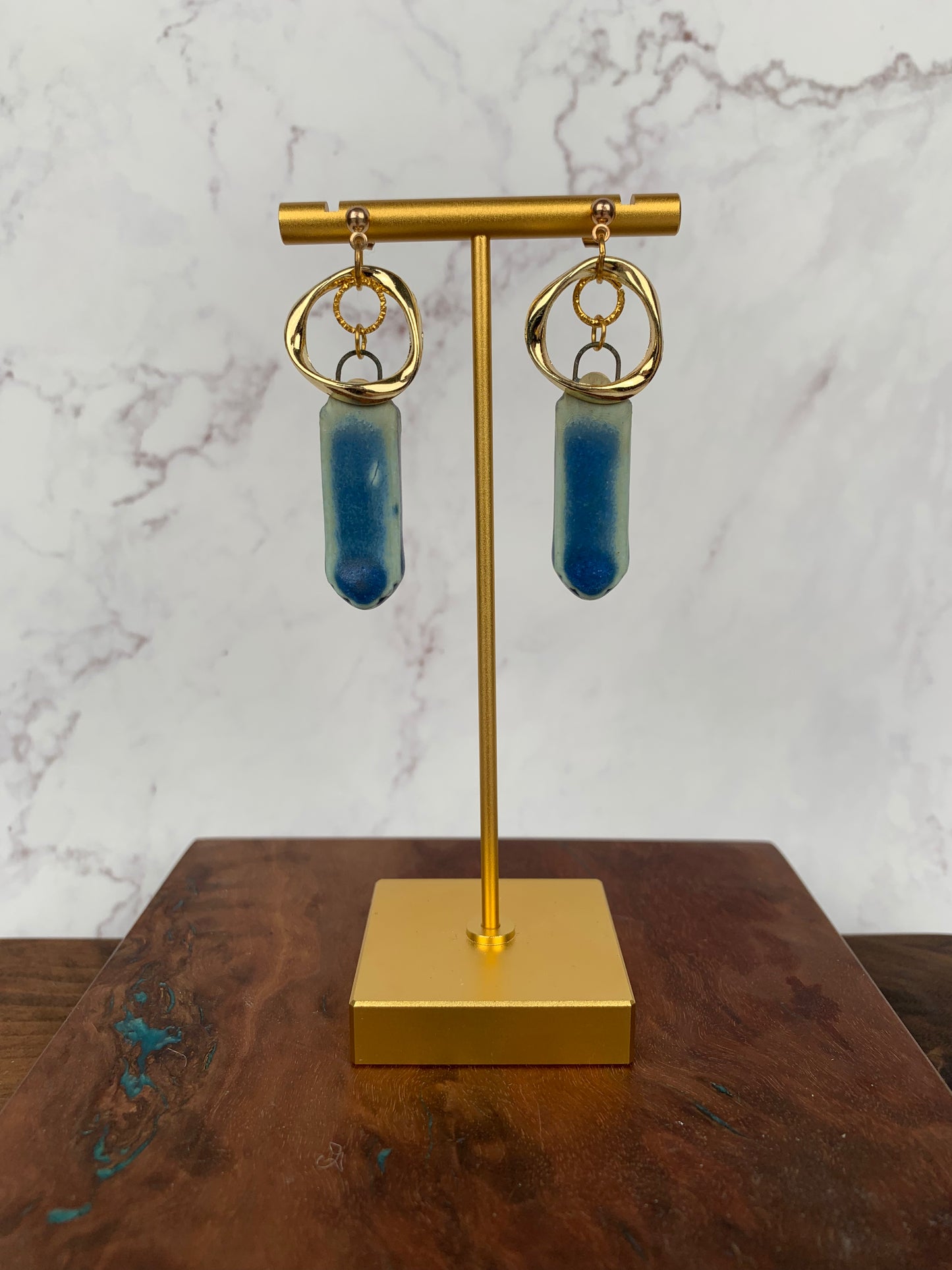 Blue drip porcelain dangle earrings