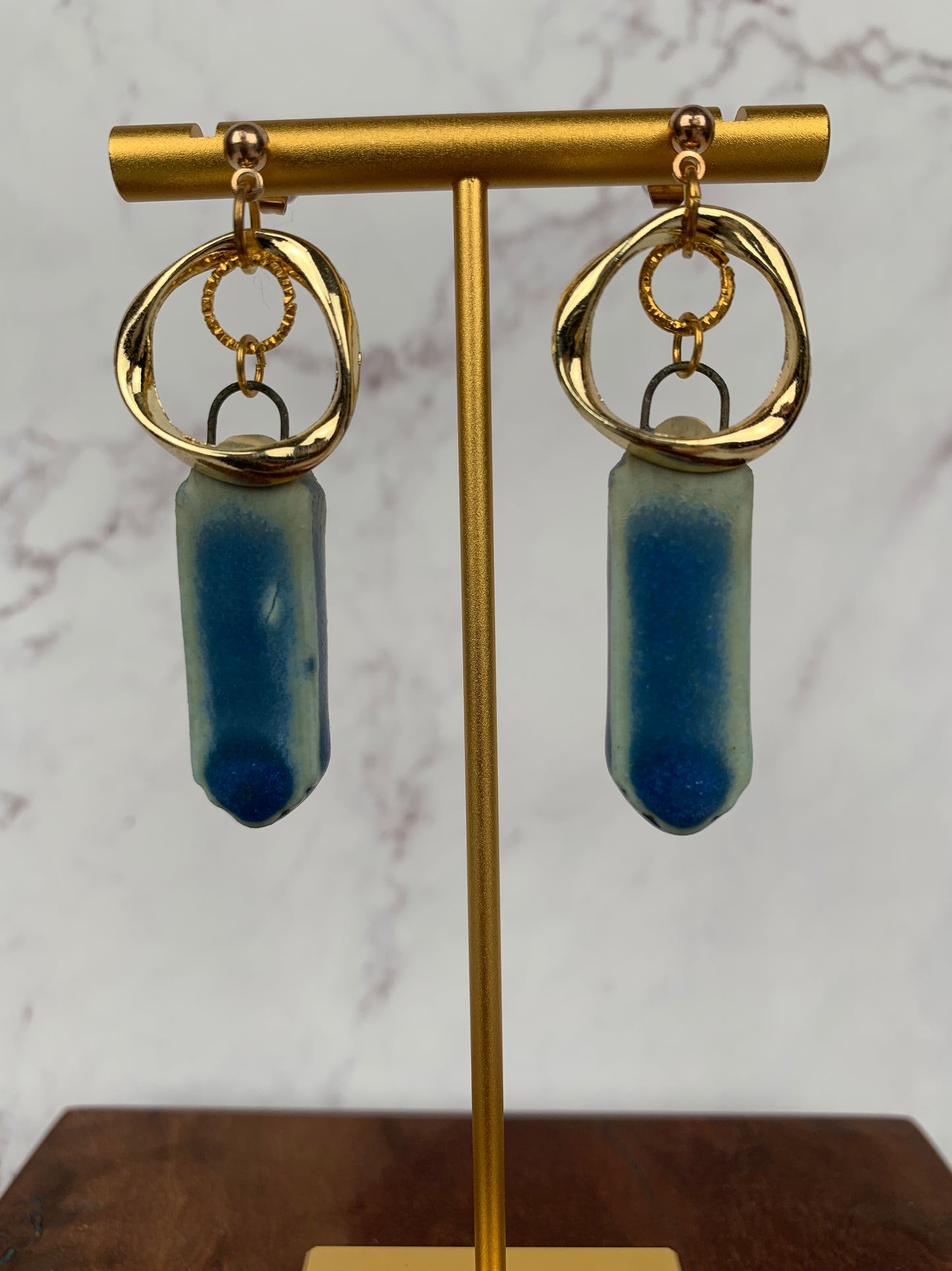 Blue drip porcelain dangle earrings