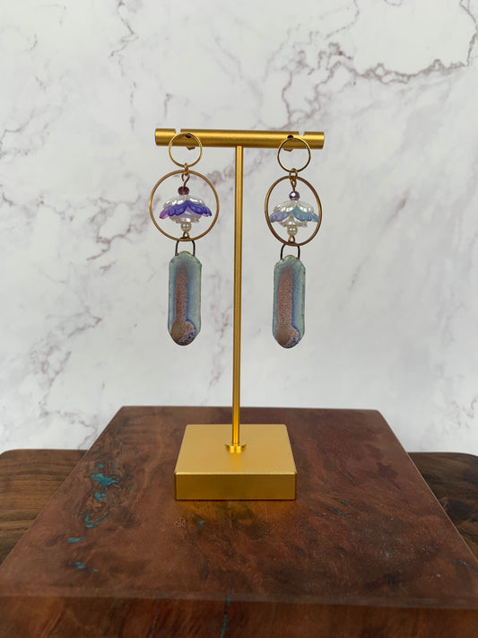 Stoned denim water lily dangle earrings