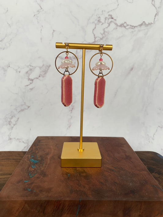 Pink ceramics water lily dangle earrings