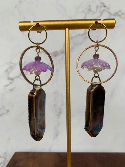 Cosmic purple water lily dangle earrings