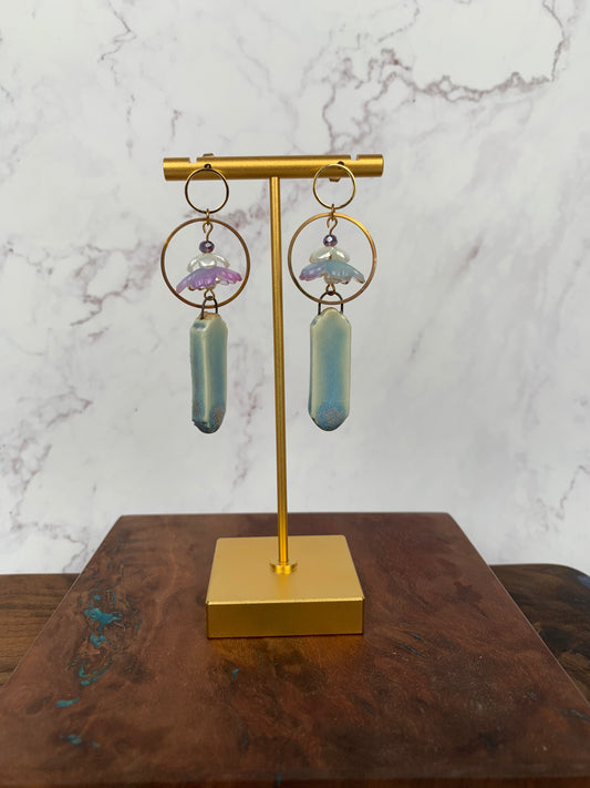 Blue ceramic water lily dangle earrings